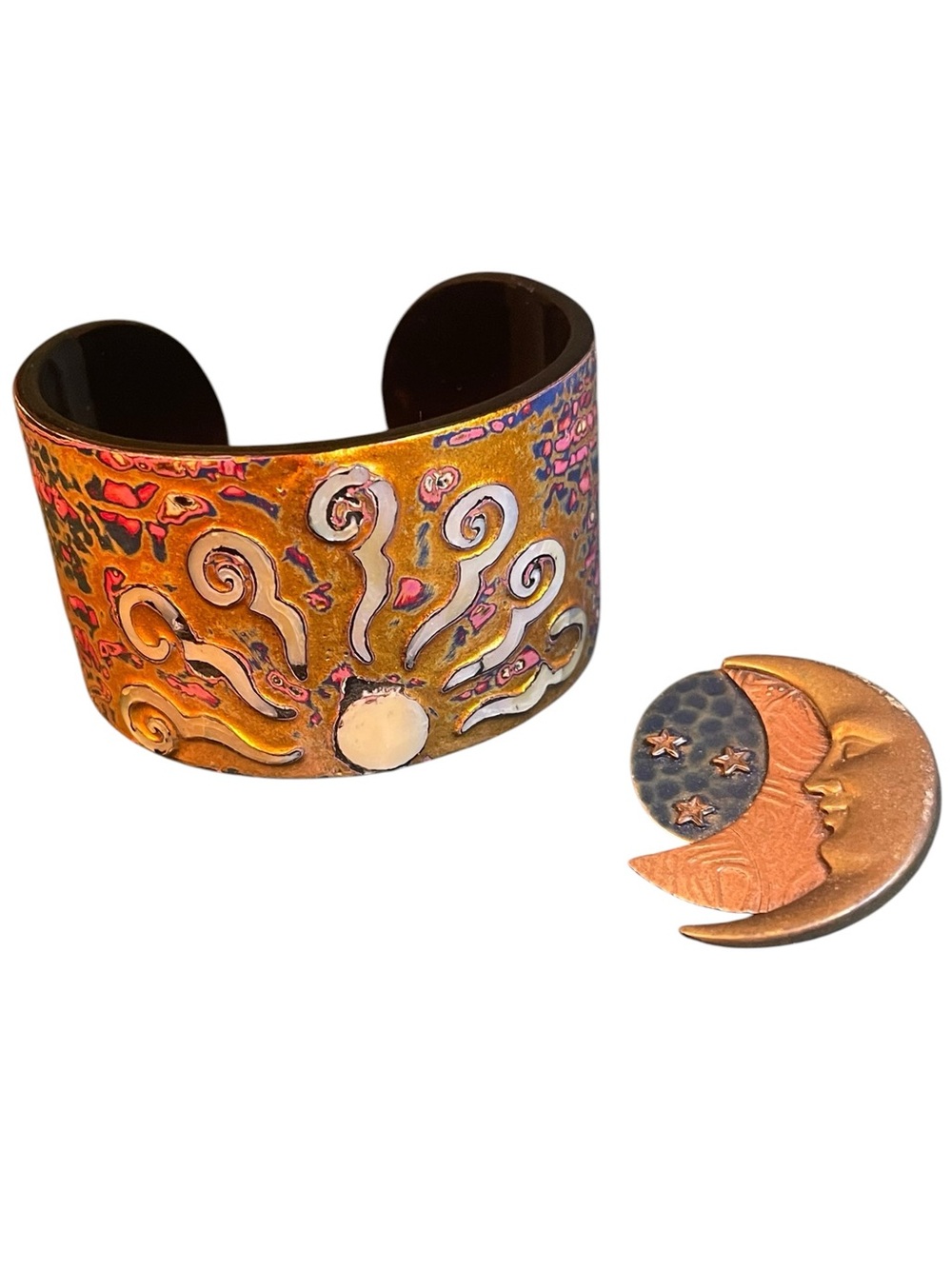 Vintage Artisan Celestial MOP Inlaid Cuff Bracelet & Copper Moon Brooch